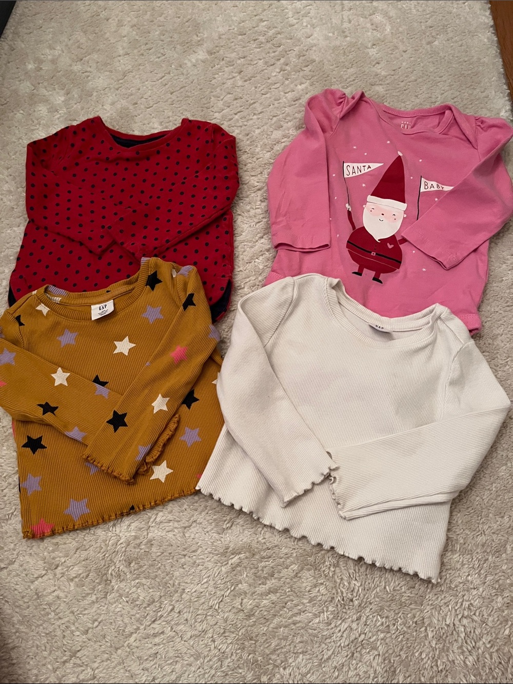 GAP Kids Long-Sleeve Tops 12-18th Pink Santa, Red Dot, Mustard Star, Cream Rib